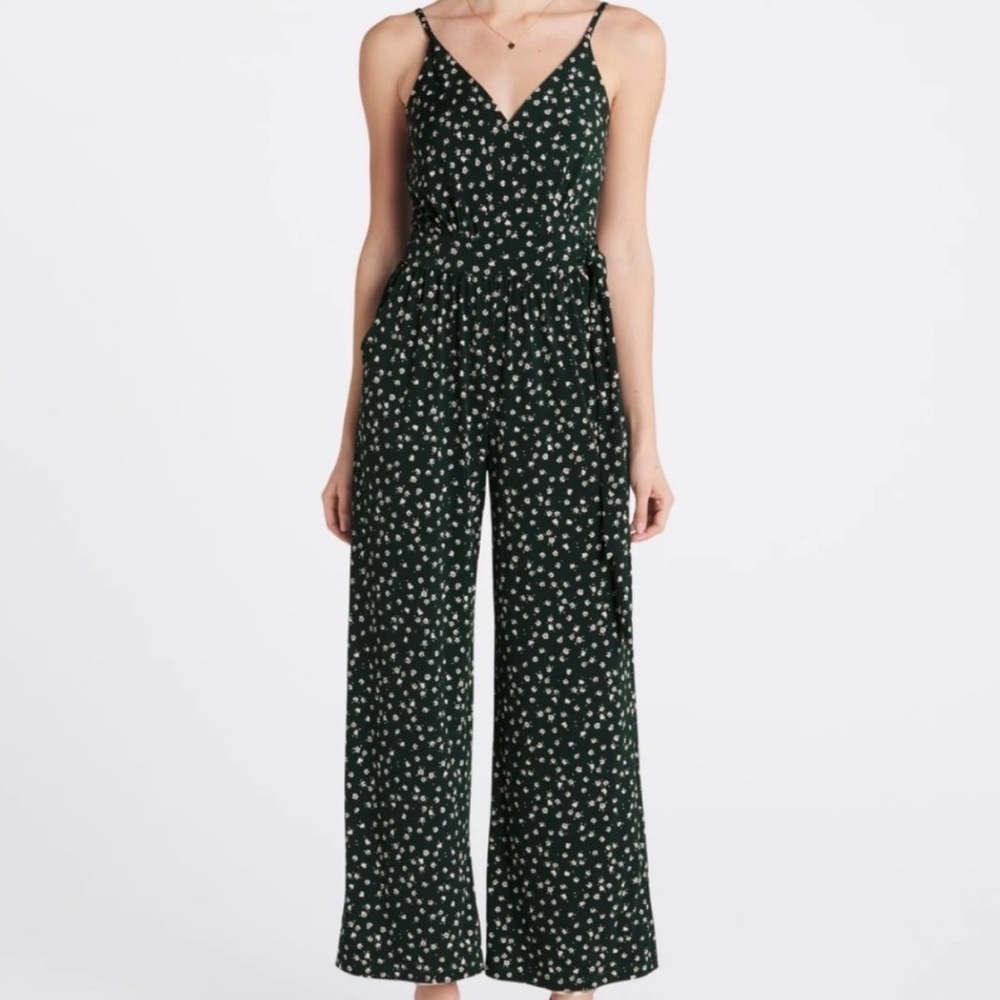 Kaileigh Rochelle Jumpsuit Size XL Dark Green Floral Waist Tie Wide Leg Stretch - Picture 6 of 8